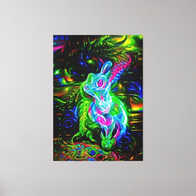 Psychedelic Rabbit Dragon in Neon Fantasy Canvas Print (Front)