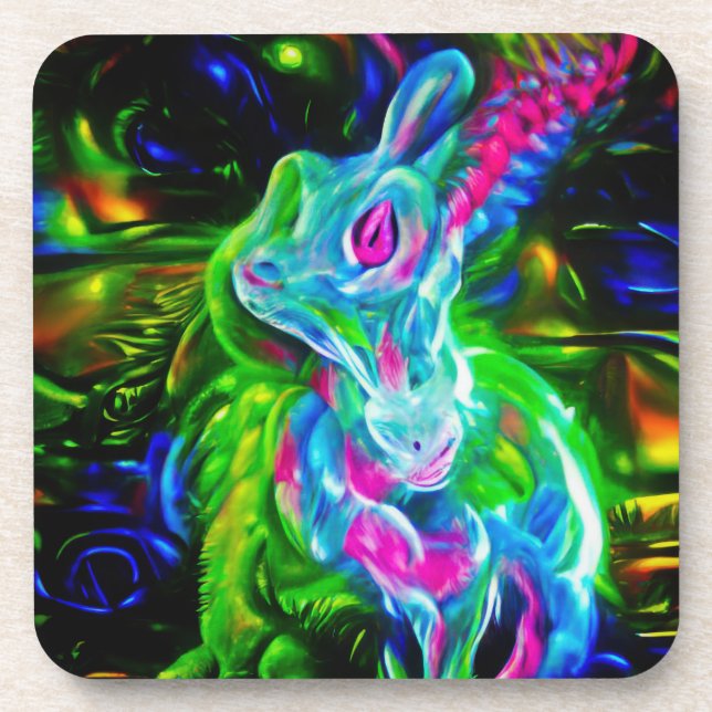 Psychedelic Rabbit Dragon in Neon Fantasy Coaster (Front)
