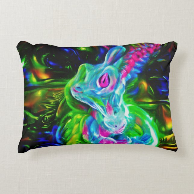 Psychedelic Rabbit Dragon in Neon Fantasy Decorative Cushion (Front)