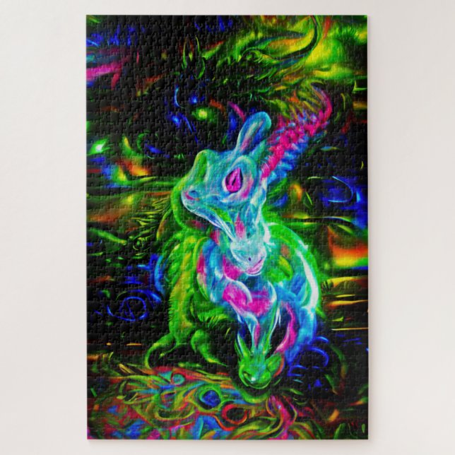 Psychedelic Rabbit Dragon in Neon Fantasy Jigsaw Puzzle (Vertical)