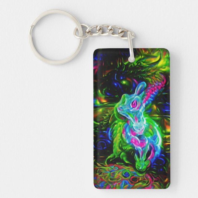 Psychedelic Rabbit Dragon in Neon Fantasy Key Ring (Front)
