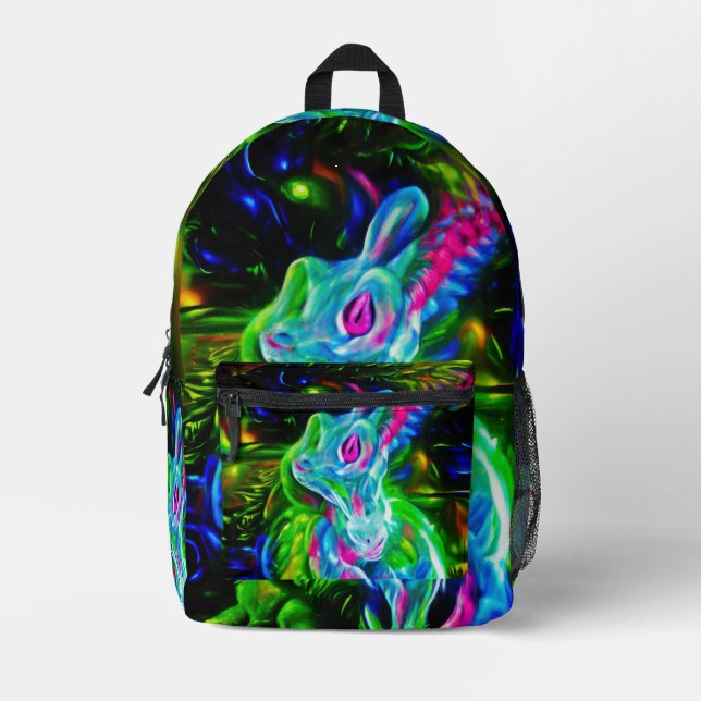 Psychedelic Rabbit Dragon in Neon Fantasy Printed Backpack (Front)
