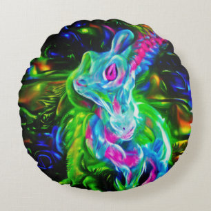 Psychedelic Rabbit Dragon in Neon Fantasy Round Cushion