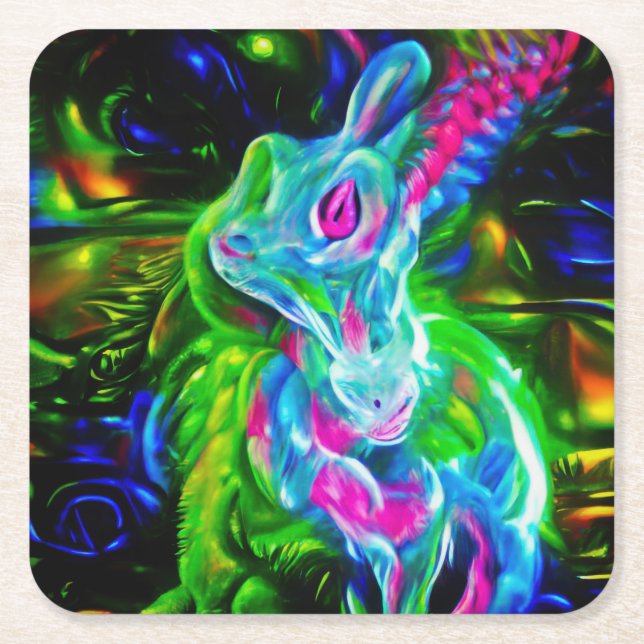 Psychedelic Rabbit Dragon in Neon Fantasy Square Paper Coaster (Front)