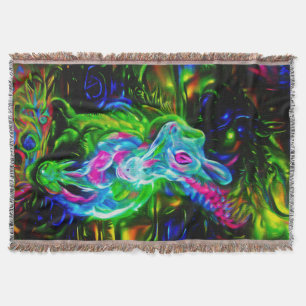 Psychedelic Rabbit Dragon in Neon Fantasy Throw Blanket