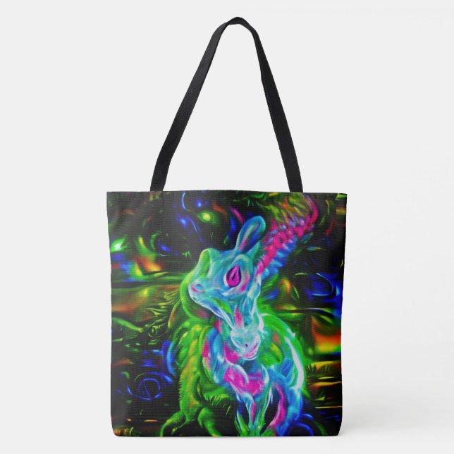 Psychedelic Rabbit Dragon in Neon Fantasy Tote Bag (Front)