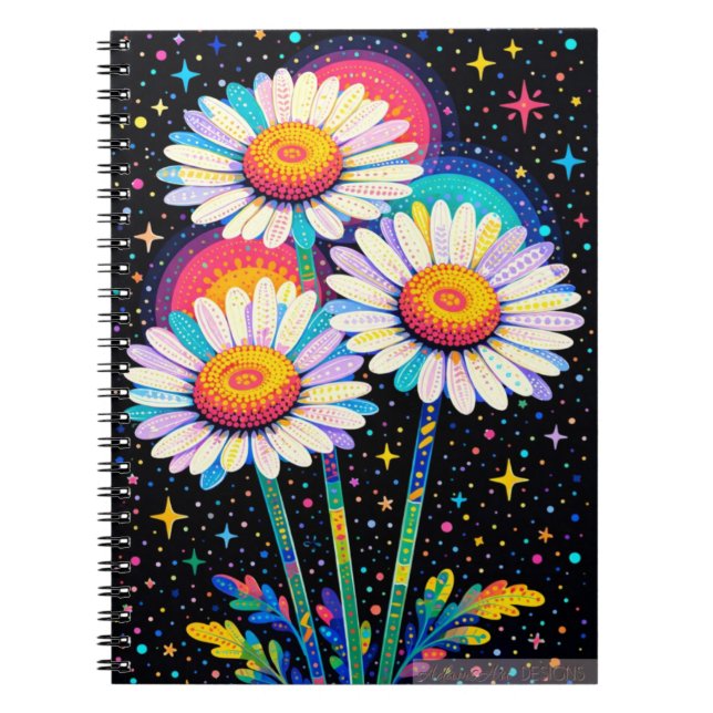 Psychedelic Rainbow Daisies Under a Starry Sky Notebook (Front)