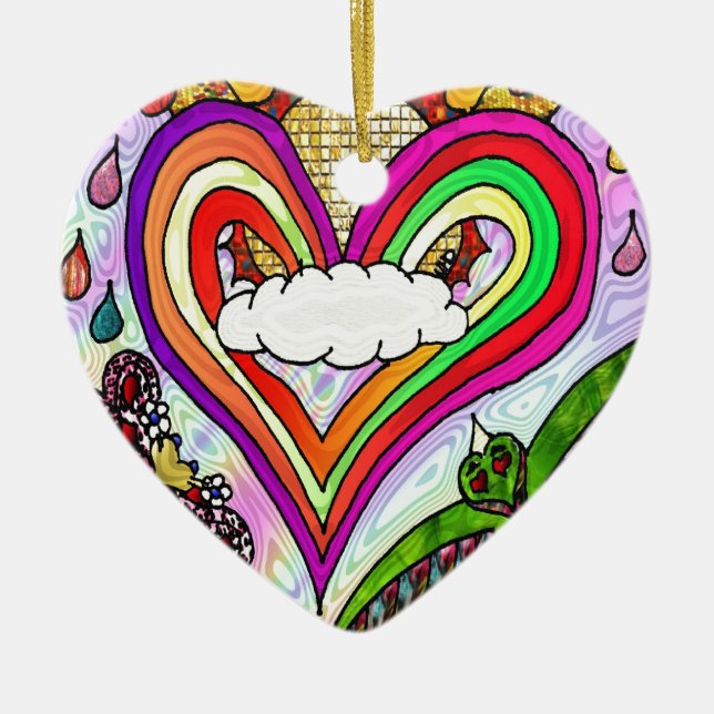 Psychedelic Rainbow Heart Art Print Ceramic Tree Decoration (Front)
