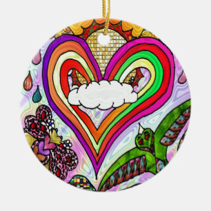 Psychedelic Rainbow Heart Art Print Ceramic Tree Decoration