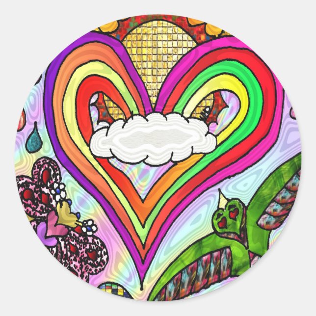 Psychedelic Rainbow Heart Art Print Classic Round Sticker (Front)