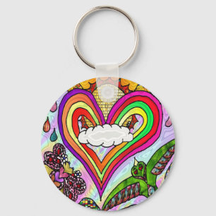 Psychedelic Rainbow Heart Art Print Key Ring