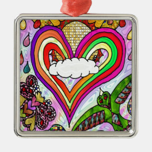 Psychedelic Rainbow Heart Art Print Metal Tree Decoration
