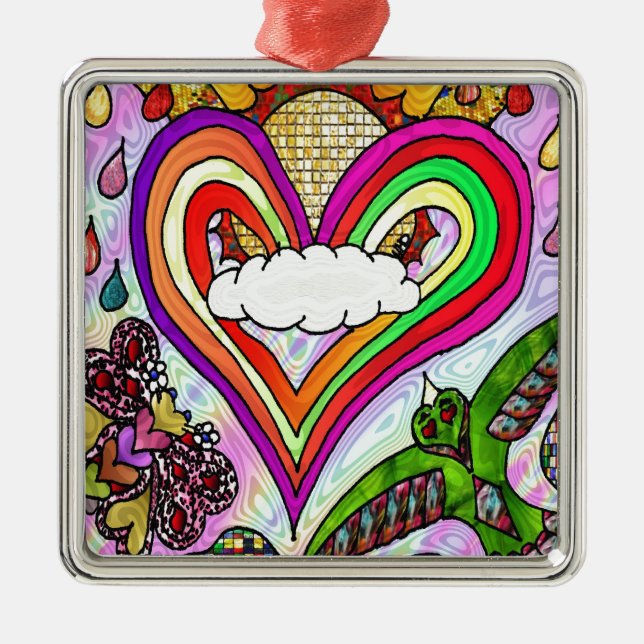 Psychedelic Rainbow Heart Art Print Metal Tree Decoration (Front)