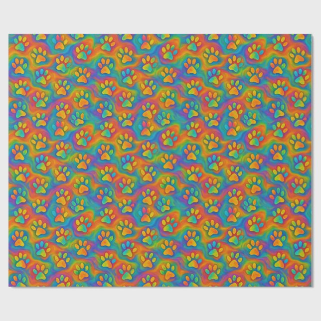 Psychedelic Rainbow Paw Print Pattern Gift Wrap (Flat)