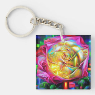 Psychedelic Rainbow Rose Key Ring