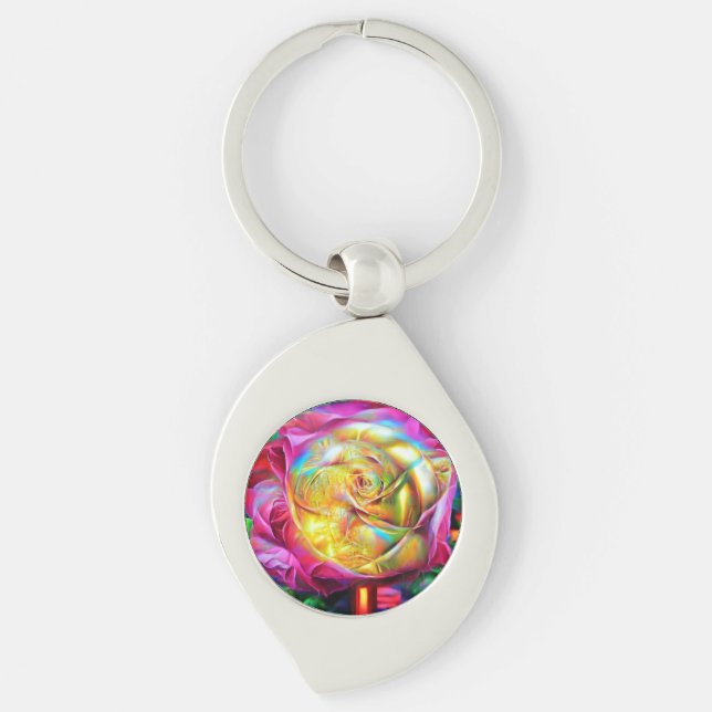 Psychedelic Rainbow Rose Key Ring (Front)
