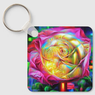 Psychedelic Rainbow Rose Key Ring