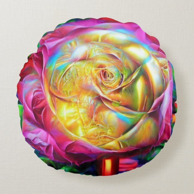 Psychedelic Rainbow Rose Round Cushion (Front)