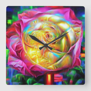 Psychedelic Rainbow Rose Square Wall Clock