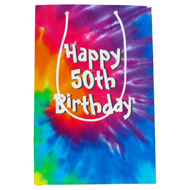 Psychedelic Rainbow Tie Dye 50th Birthday Medium Gift Bag (Front)