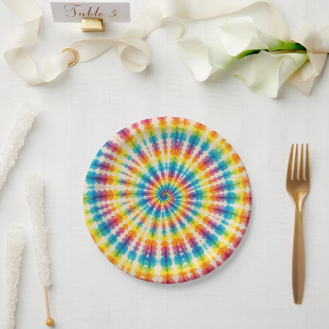 Psychedelic Rainbow Tie-Dye Retro Paper Plates (Wedding)