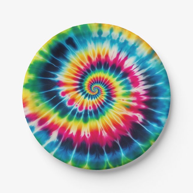 Psychedelic Rainbow Tie-Dye Retro Paper Plates (Front)
