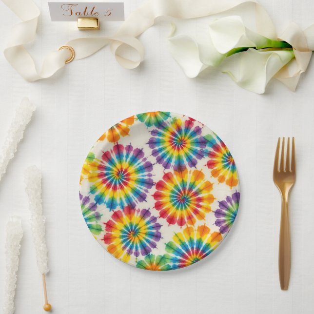 Psychedelic Rainbow Tie-Dye Retro Paper Plates (Wedding)