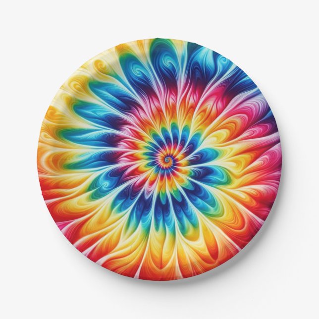 Psychedelic Rainbow Tie-Dye Retro Paper Plates (Front)