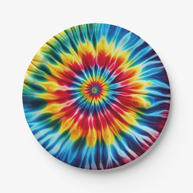 Psychedelic Rainbow Tie-Dye Retro Paper Plates (Front)