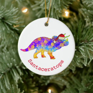 Psychedelic Rainbow Triceratops Cute Xmas Dinosaur Ceramic Tree Decoration