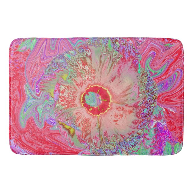 Psychedelic Retro Coral Rainbow Hibiscus Bath Mat (Front)
