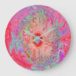 Psychedelic Retro Coral Rainbow Hibiscus Large Clock