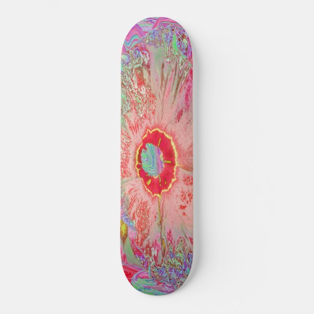 Psychedelic Retro Coral Rainbow Hibiscus Skateboard (Front)