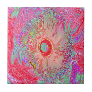 Psychedelic Retro Coral Rainbow Hibiscus Tile
