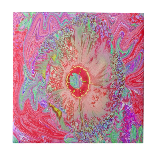 Psychedelic Retro Coral Rainbow Hibiscus Tile (Front)