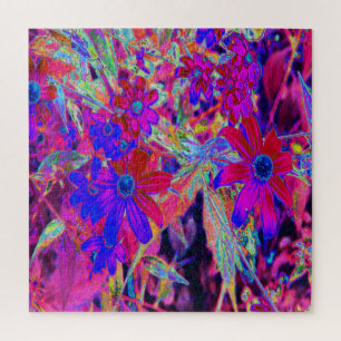 Psychedelic Retro Crimson and Magenta Wildflowers Jigsaw Puzzle