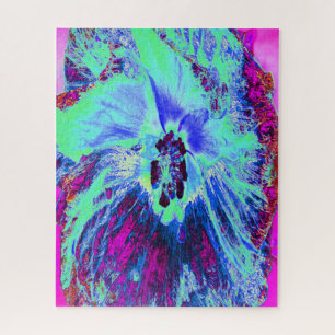 Psychedelic Retro Green and Blue Hibiscus Flower Jigsaw Puzzle