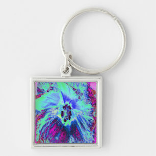 Psychedelic Retro Green and Blue Hibiscus Flower Key Ring