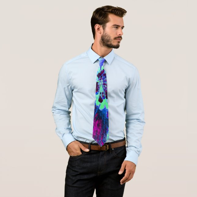 Psychedelic Retro Green and Blue Hibiscus Flower Tie (In Situ)