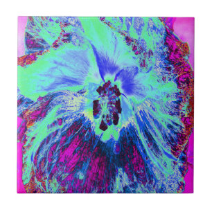 Psychedelic Retro Green and Blue Hibiscus Flower Tile