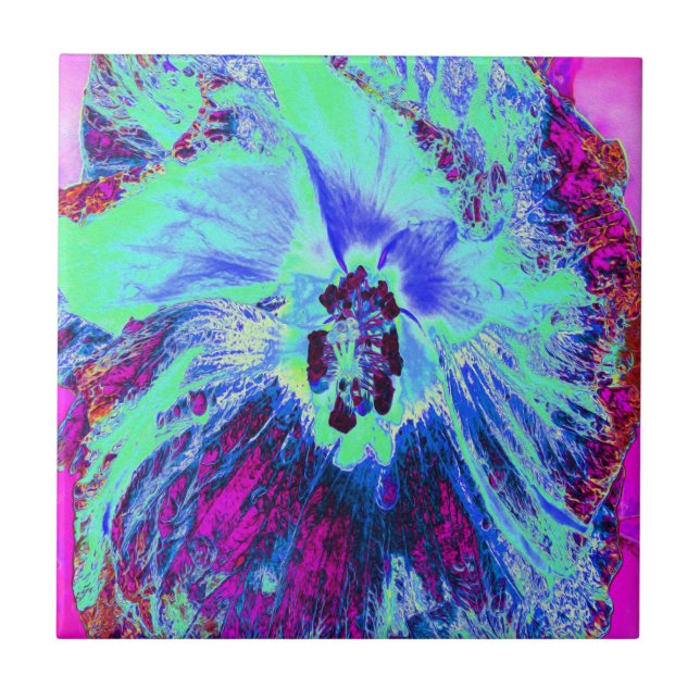 Psychedelic Retro Green and Blue Hibiscus Flower Tile (Front)