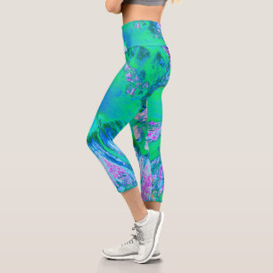 Psychedelic Retro Green and Hot Pink Hibiscus Capri Leggings