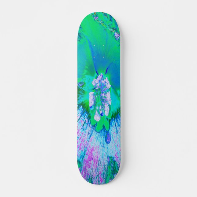 Psychedelic Retro Green and Hot Pink Hibiscus Skateboard (Front)