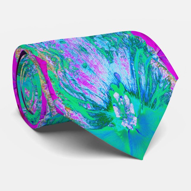 Psychedelic Retro Green and Hot Pink Hibiscus Tie (Rolled)