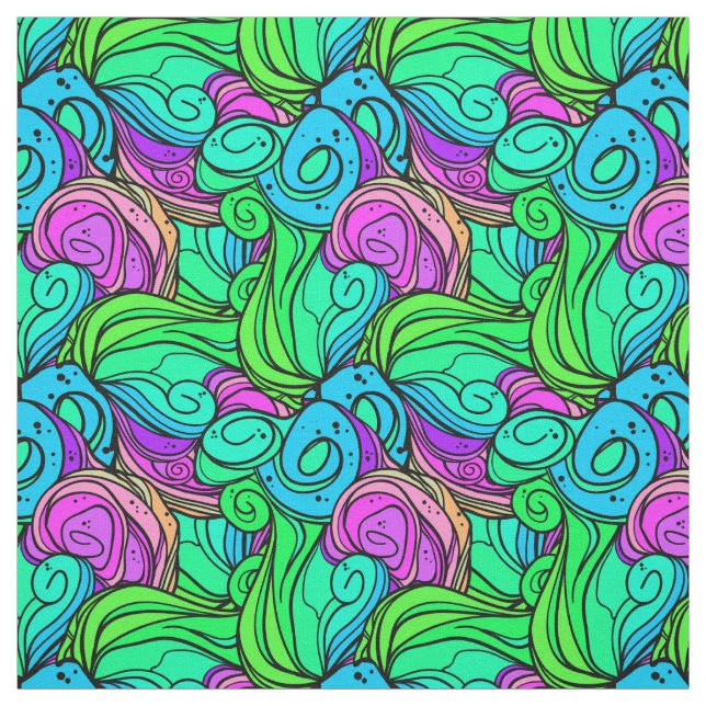 Psychedelic Retro Pattern Blue Green Teal Purple Fabric (Swatch)