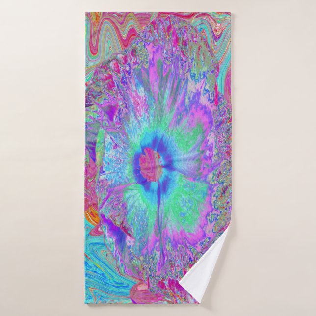 Psychedelic Retro Rainbow Blue Hibiscus Bath Towel (Bath Towel)
