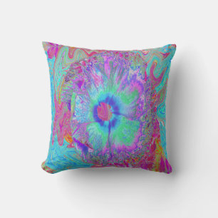 Psychedelic Retro Rainbow Blue Hibiscus Cushion