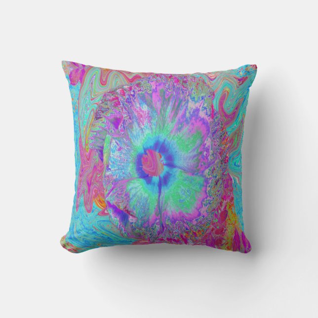 Psychedelic Retro Rainbow Blue Hibiscus Cushion (Front)