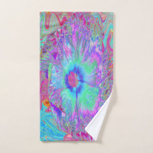 Psychedelic Retro Rainbow Blue Hibiscus Hand Towel