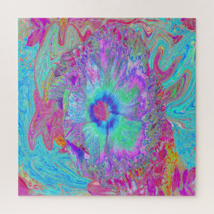 Psychedelic Retro Rainbow Blue Hibiscus Jigsaw Puzzle